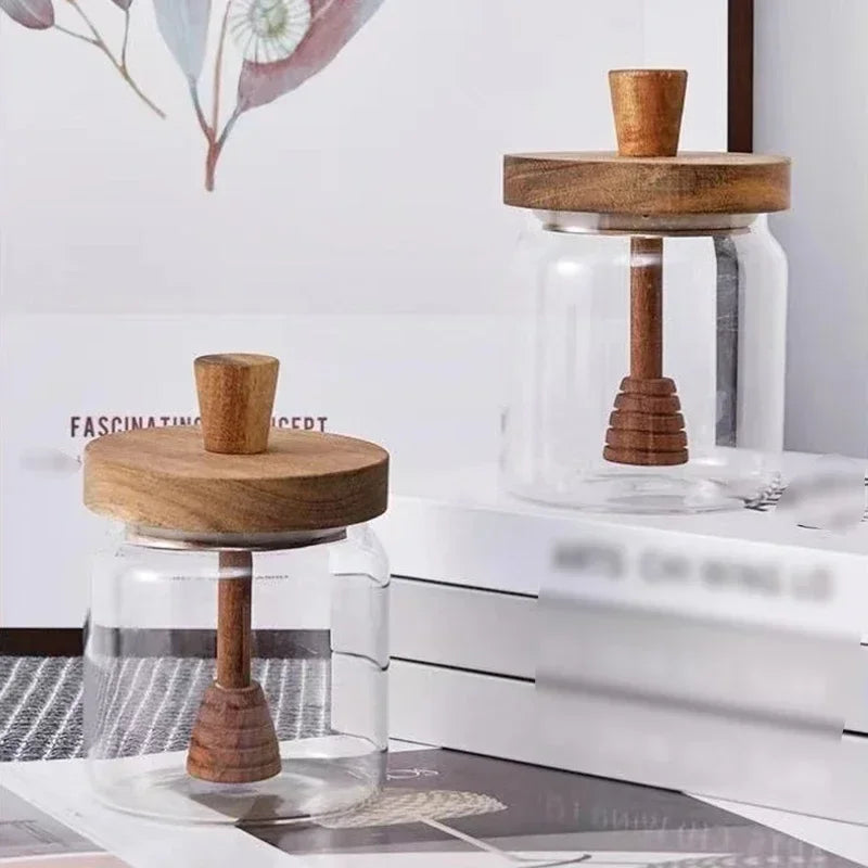 glass honey jar with wooden lid