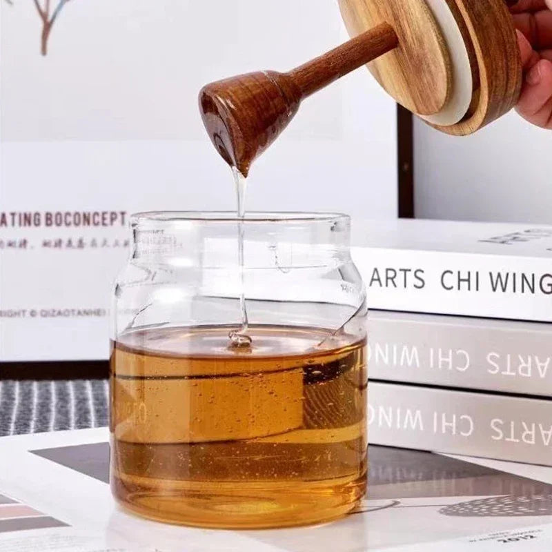 glass honey jar with wooden lid