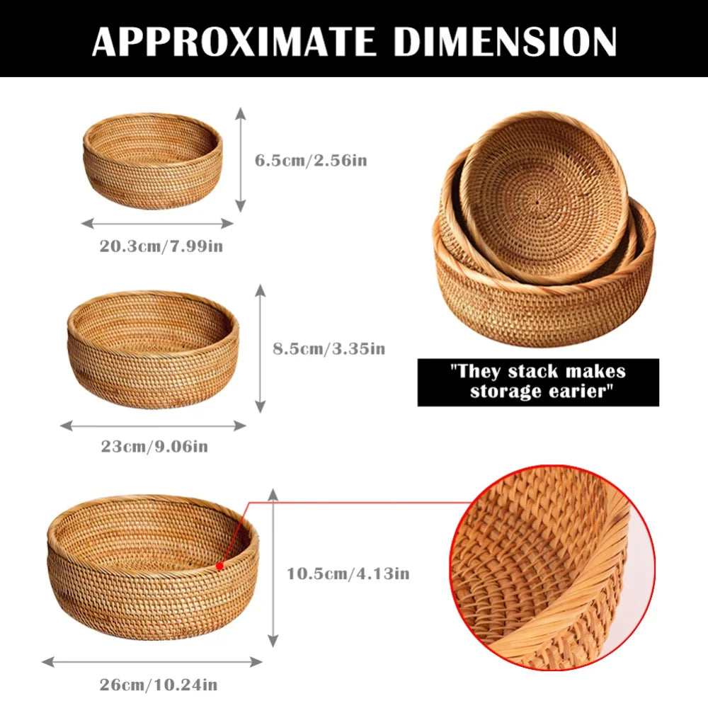 3pcs natural handwoven rattan baskets