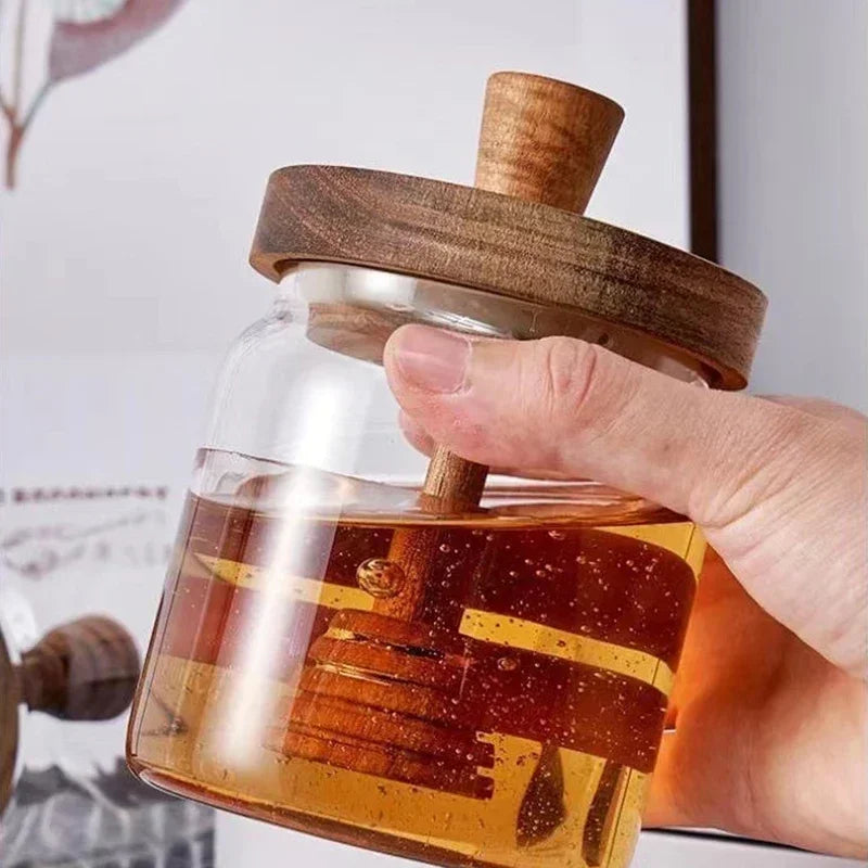 glass honey jar with wooden lid