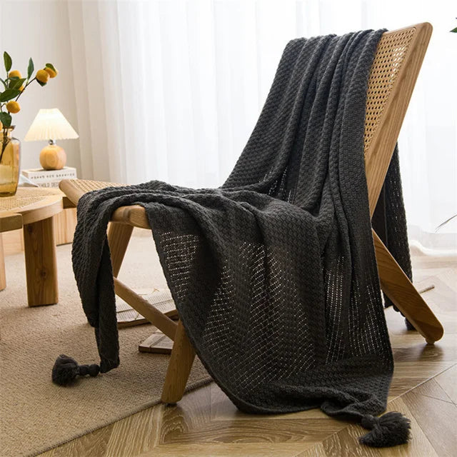 Nordic ThroBlankets for Bed Sofa Couch Chunky Knit Bedspread Knitted Throw Blanket with Tassel Plain Color Waffle Embossed Blanket