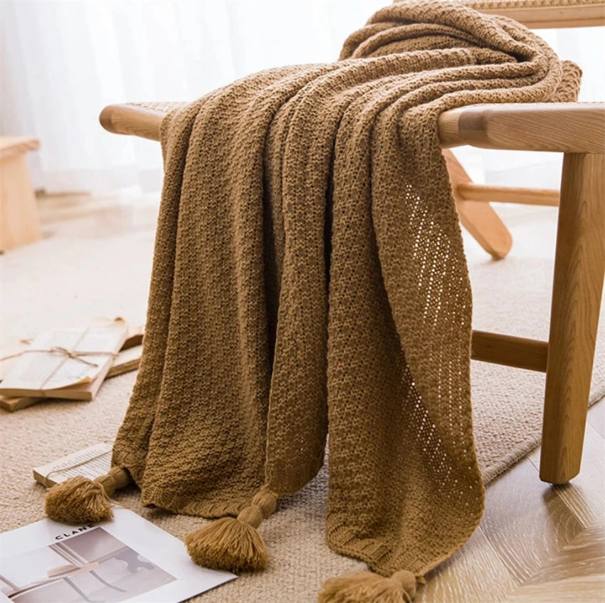 Nordic ThroBlankets for Bed Sofa Couch Chunky Knit Bedspread Knitted Throw Blanket with Tassel Plain Color Waffle Embossed Blanket