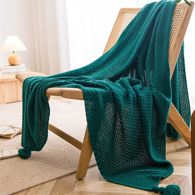 Nordic ThroBlankets for Bed Sofa Couch Chunky Knit Bedspread Knitted Throw Blanket with Tassel Plain Color Waffle Embossed Blanket