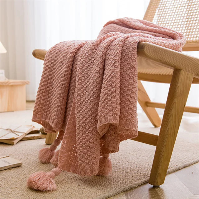 Nordic ThroBlankets for Bed Sofa Couch Chunky Knit Bedspread Knitted Throw Blanket with Tassel Plain Color Waffle Embossed Blanket