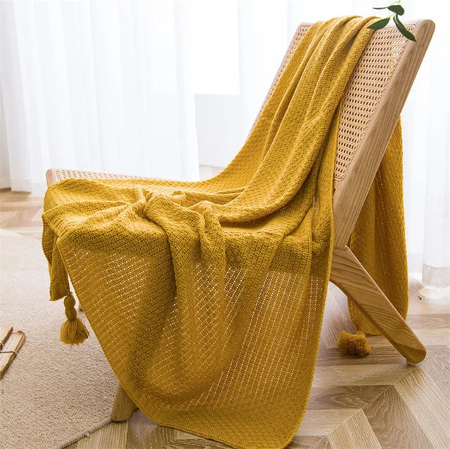 Nordic ThroBlankets for Bed Sofa Couch Chunky Knit Bedspread Knitted Throw Blanket with Tassel Plain Color Waffle Embossed Blanket