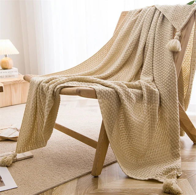 Nordic ThroBlankets for Bed Sofa Couch Chunky Knit Bedspread Knitted Throw Blanket with Tassel Plain Color Waffle Embossed Blanket