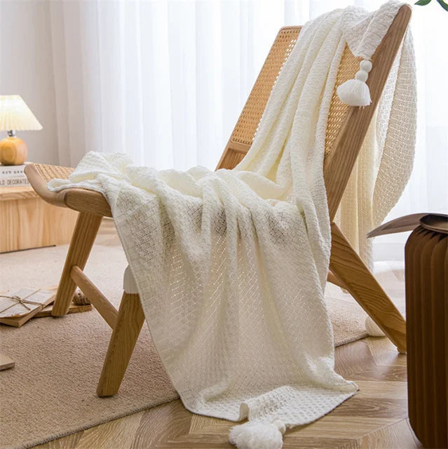 Nordic ThroBlankets for Bed Sofa Couch Chunky Knit Bedspread Knitted Throw Blanket with Tassel Plain Color Waffle Embossed Blanket