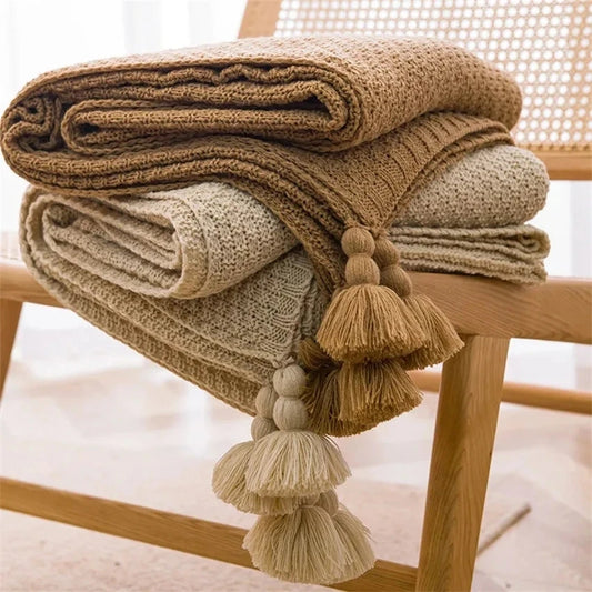 Nordic ThroBlankets for Bed Sofa Couch Chunky Knit Bedspread Knitted Throw Blanket with Tassel Plain Color Waffle Embossed Blanket