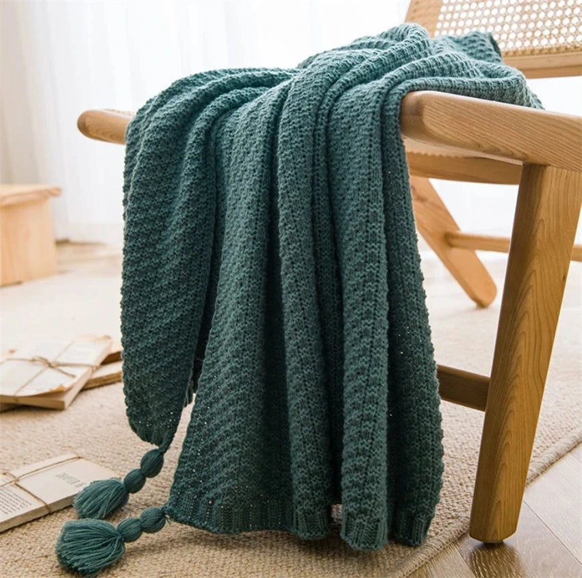 Nordic ThroBlankets for Bed Sofa Couch Chunky Knit Bedspread Knitted Throw Blanket with Tassel Plain Color Waffle Embossed Blanket